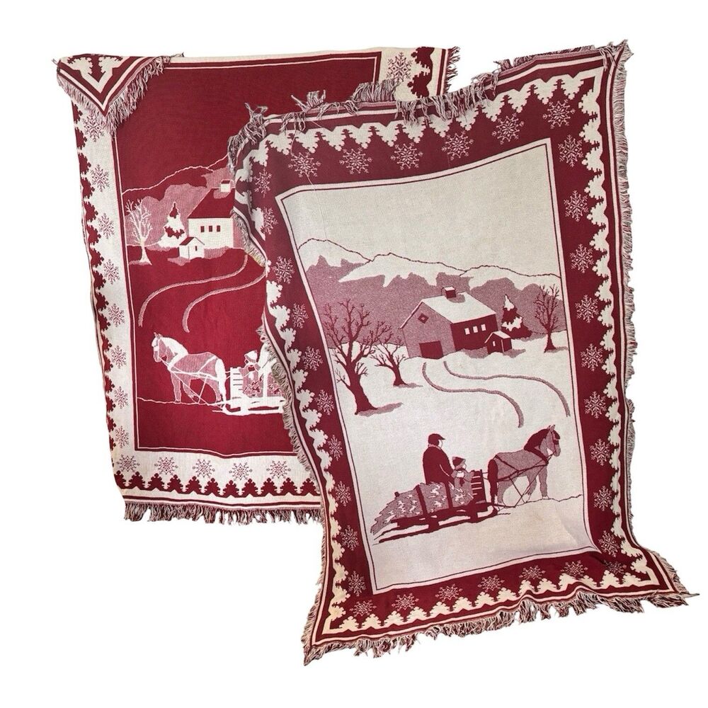 Vintage LL BEAN Tapestry Winter Scene Fringe Throw Red + White Reversible 70x40